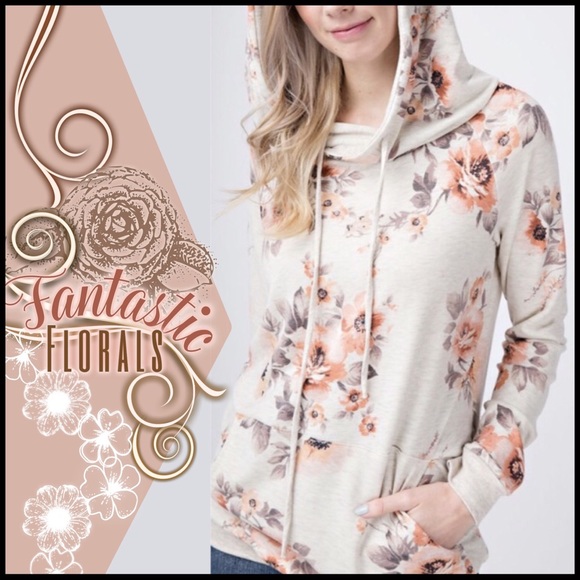 Boutique Tops - Floral Hoodie in Oatmeal